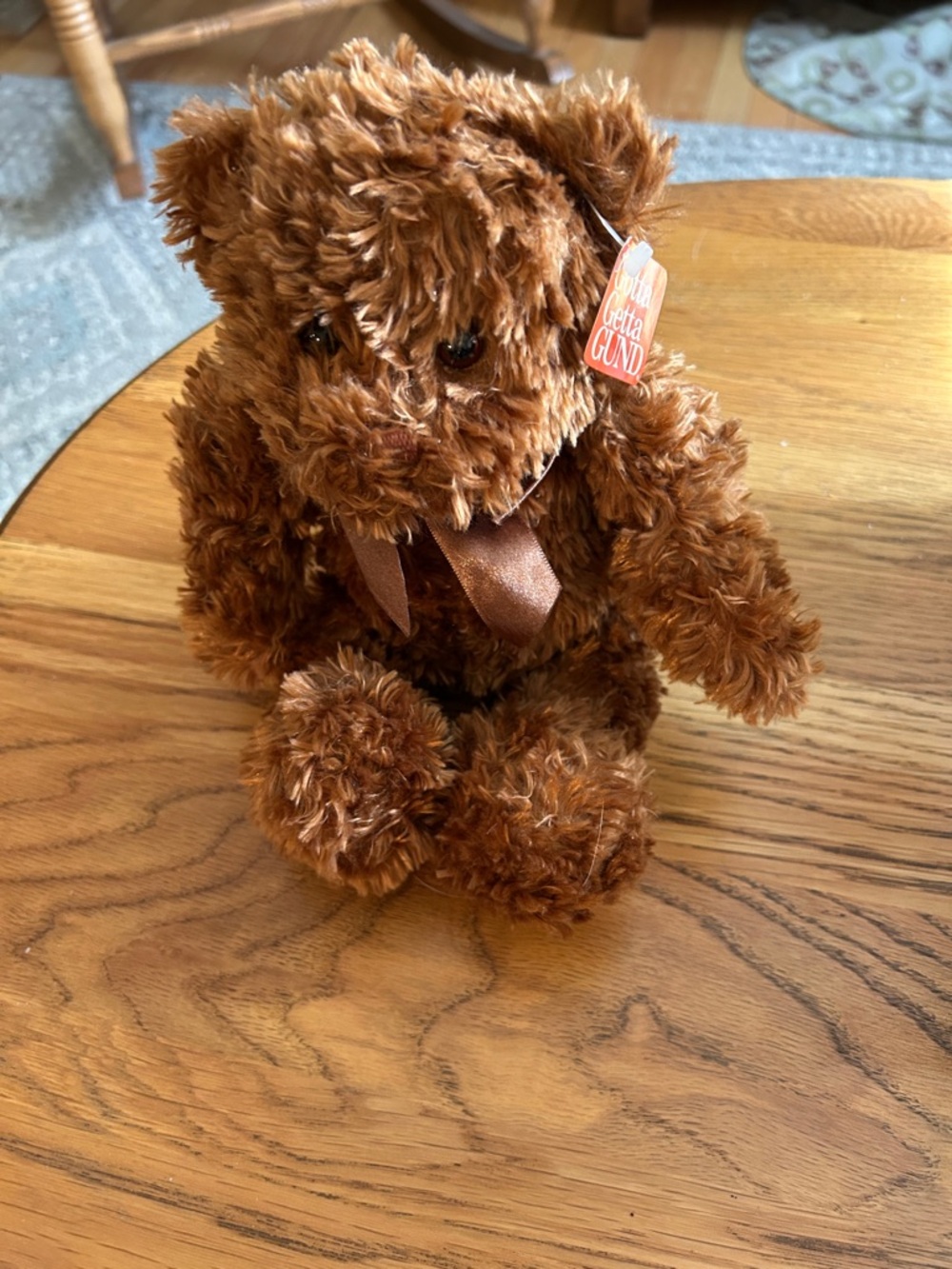 GUND Brown Plush Teddy Bear with Satin Ribbon named Huggins.